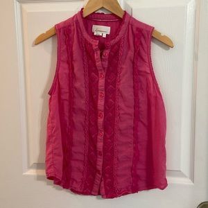 Anthropologie Pink Lace Button Down Sleeveless Blouse Top